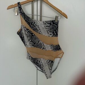 Norma Kamali One-Shoulder Snake Print Bodysuit in Black & Tan